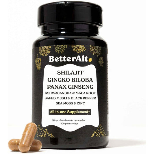 Better Alt Shilajit Maca Root Ginseng Ashwagandha 120 capsules front bottle view for stamina boost
