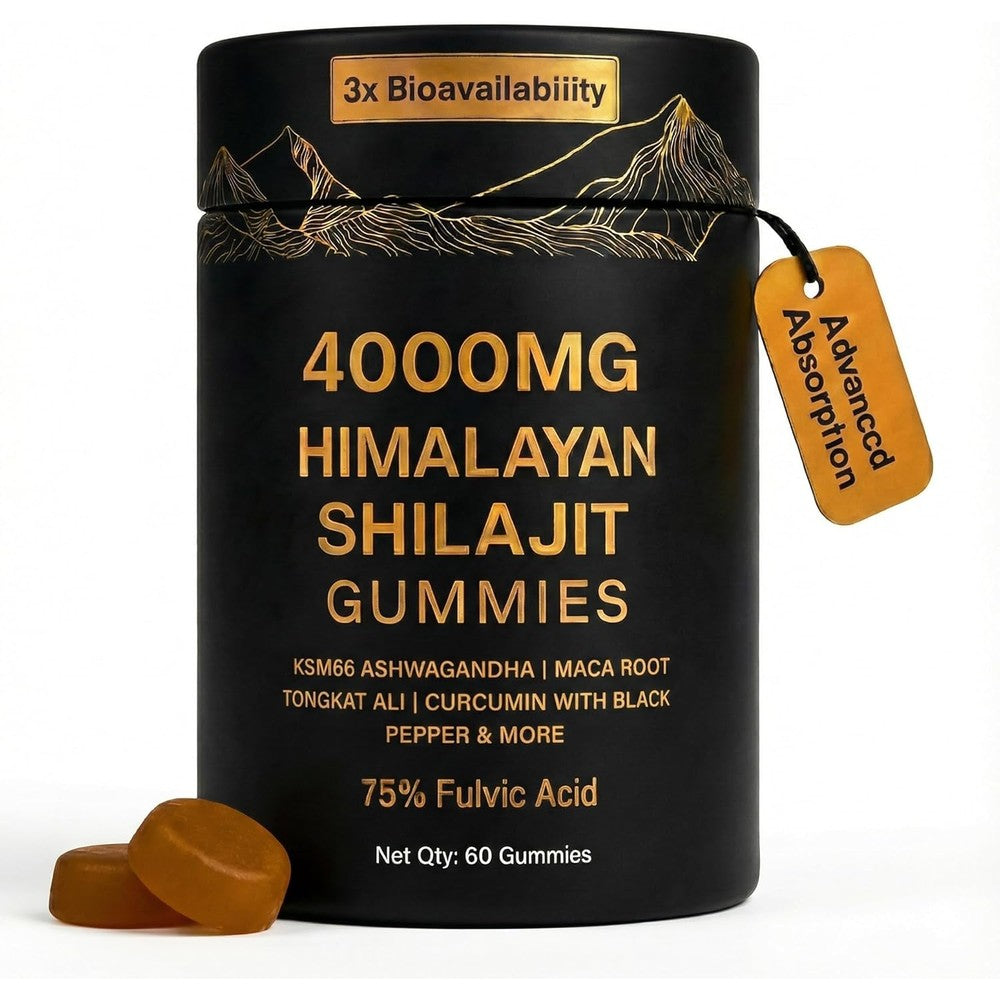 Amocare Auivty Himalayan Shilajit Gummies front view bottle showcasing the gold mountain illustration.