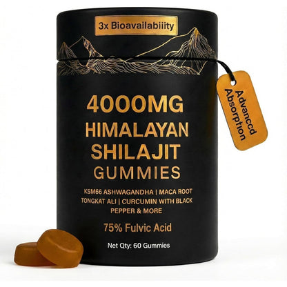 Amocare Auivty Himalayan Shilajit Gummies front view bottle showcasing the gold mountain illustration.