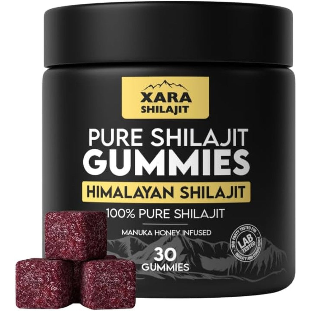 Xara Shilajit Pure Himalayan Gummies front view black jar packaging