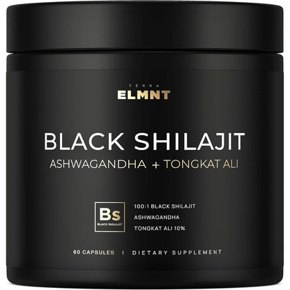 TERRA ELMNT Black Shilajit Ashwagandha and Tongkat Ali supplement bottle front view