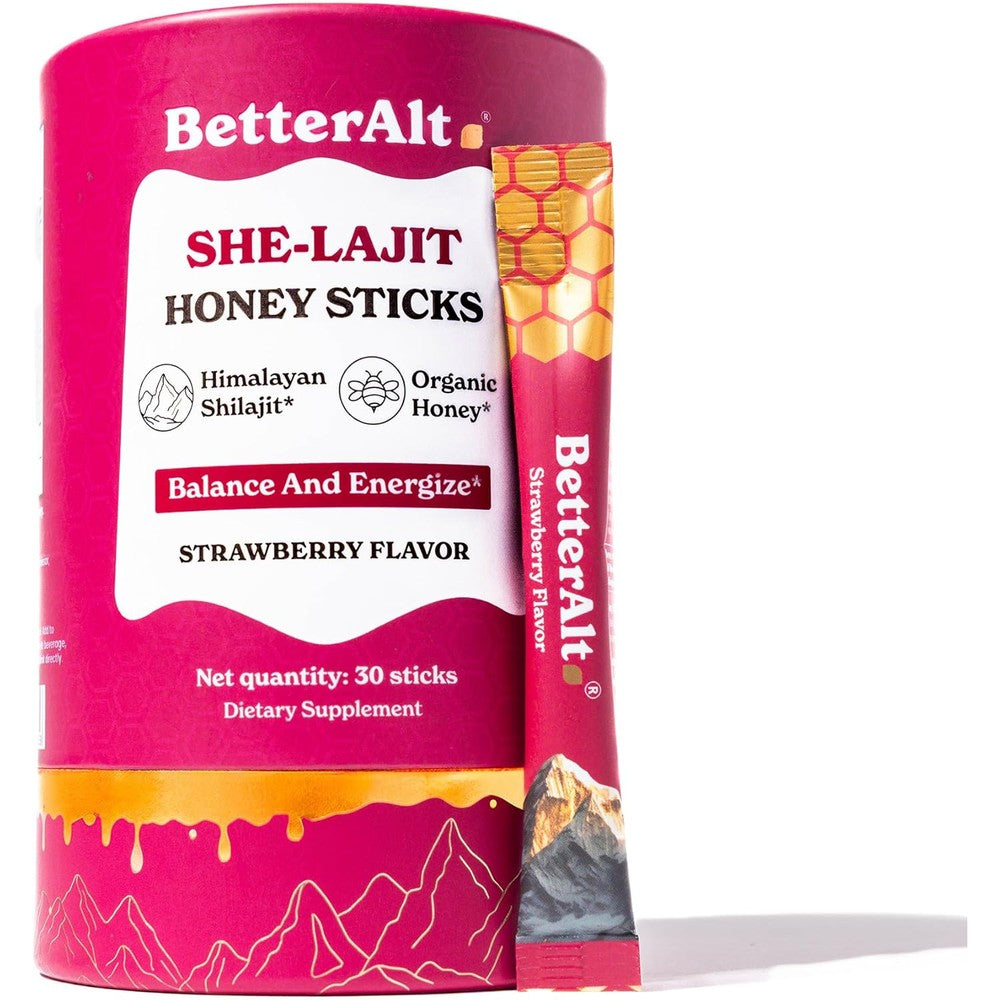 Better Alt SHE-Lajit Strawberry Honeysticks front view packaging showing women's shilajit supplement.
