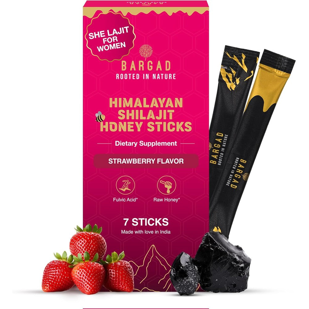 Bargad Himalayan Shilajit Honey Sticks pink box front view showcasing strawberry flavor details.
