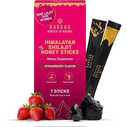 Bargad Himalayan Shilajit Honey Sticks pink box front view showcasing strawberry flavor details.