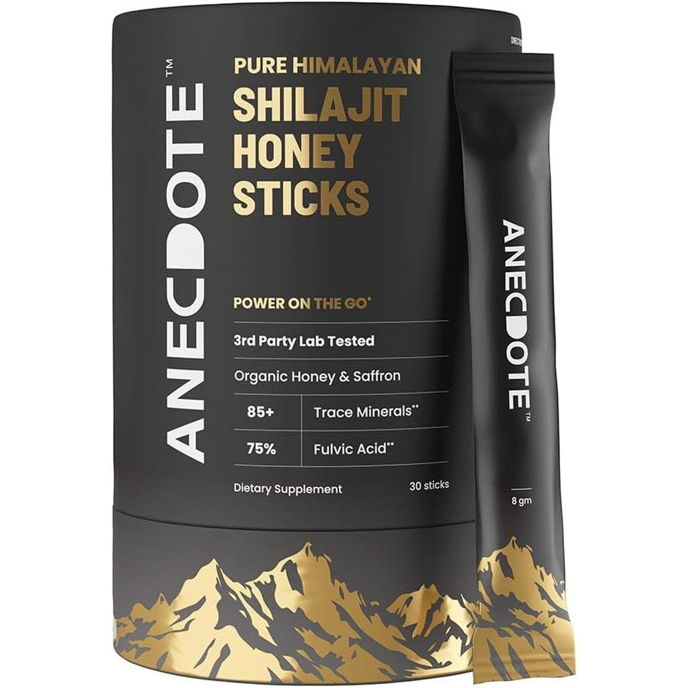 Anecdote Himalayan Shilajit Honey Sticks front pouch view displaying premium natural energy supplement.