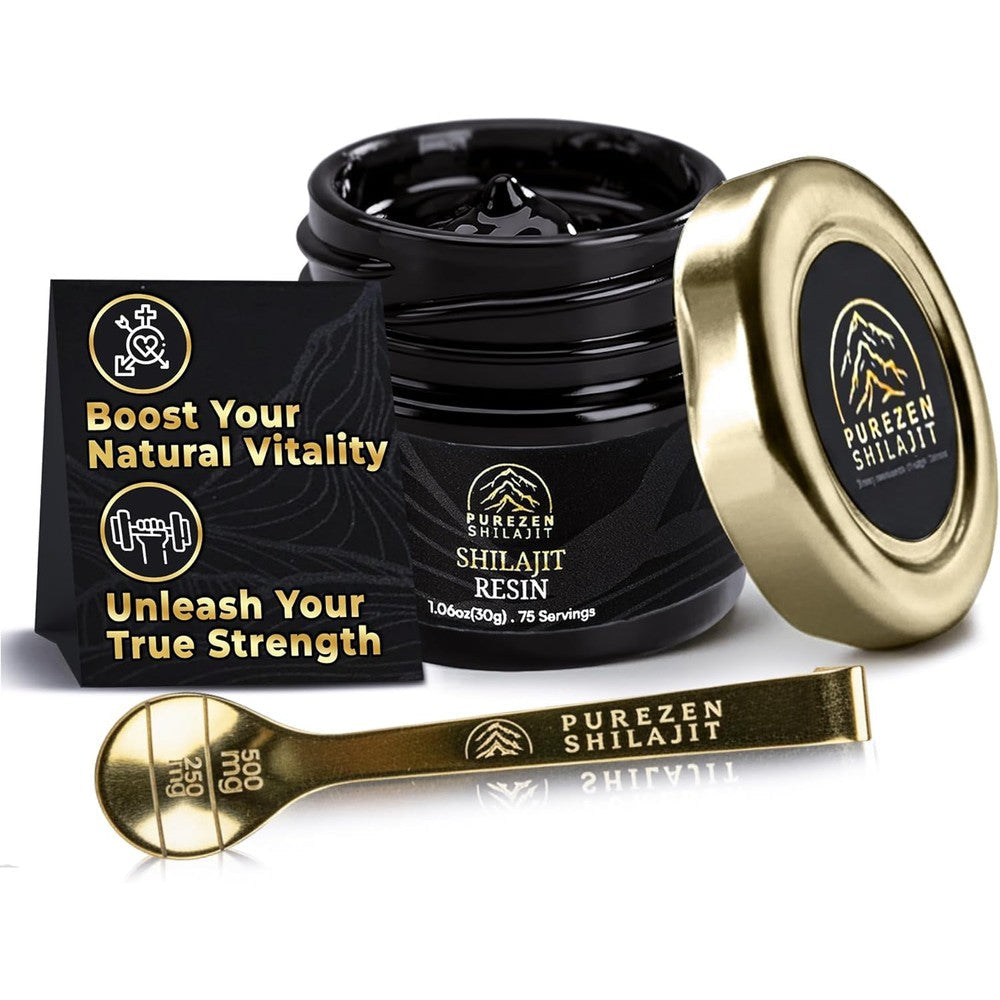 Purezen Shilajit Pure Himalayan Organic Resin front view jar with measuring spoon