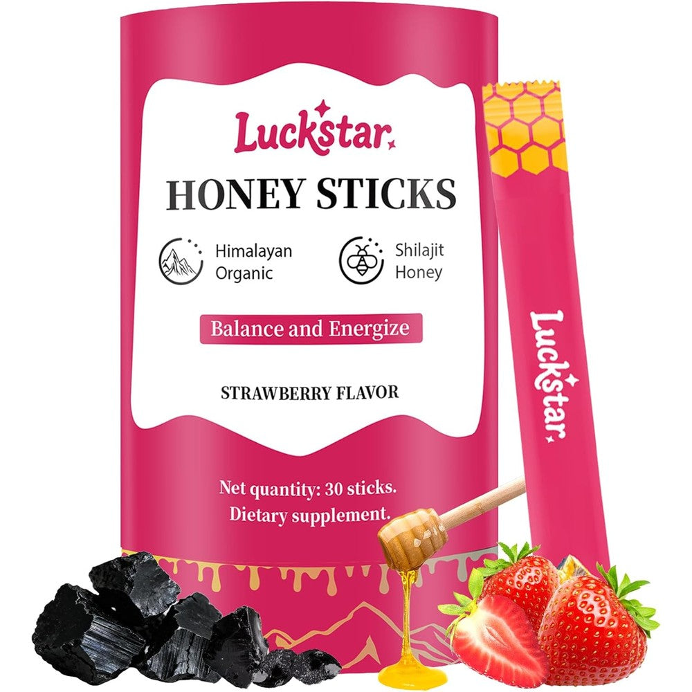 Vaniya Itiban Himalayan Shilajit Honey Sticks front view displaying strawberry flavor details and package count