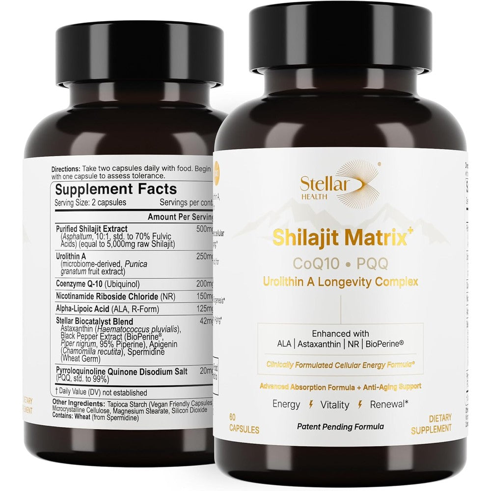 Stellar Health Shilajit Matrix Mitochondrial Complex bottle front view for cellular energy.