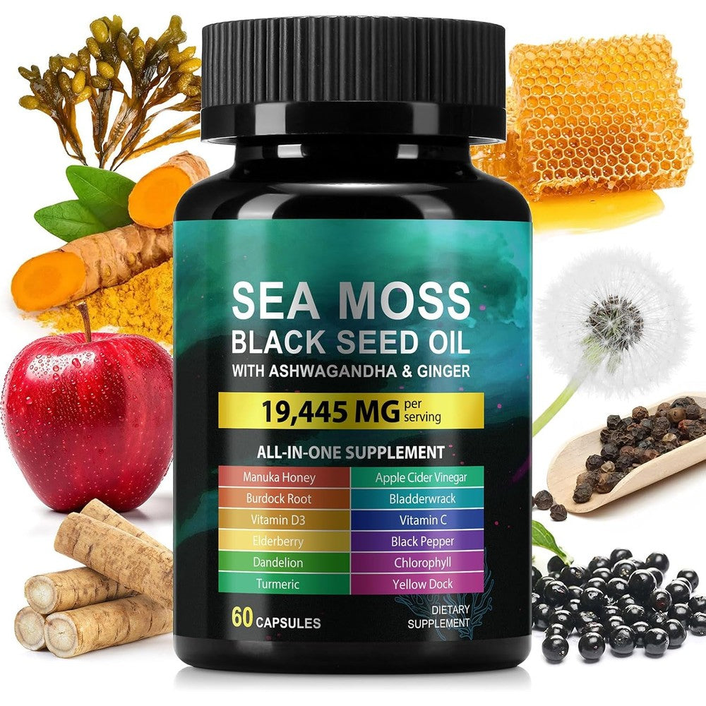HUYEHF Sea Moss and Black Seed Oil Ashwagandha bottle front view for premium immune support