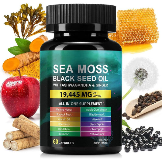 HUYEHF Sea Moss and Black Seed Oil Ashwagandha bottle front view for premium immune support