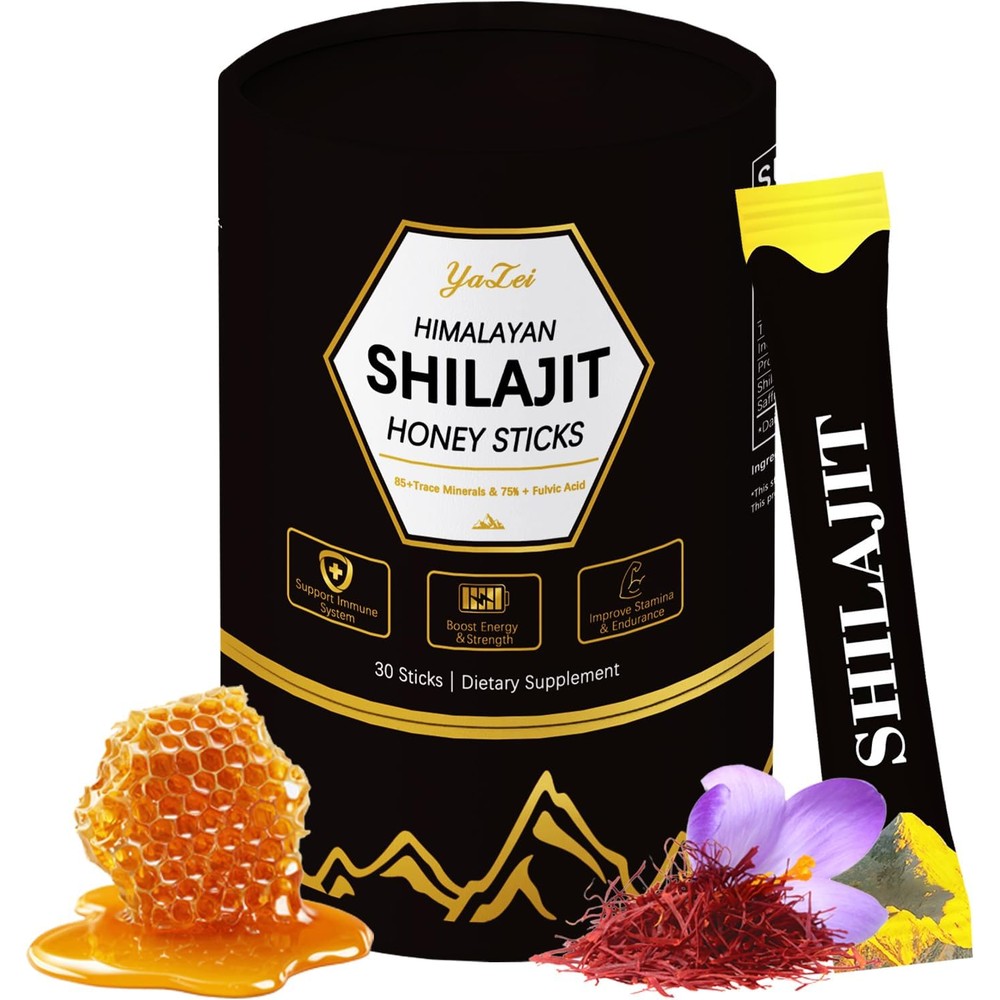 Yalei Himalayan Shilajit Honey Sticks front view of black cylindrical container.