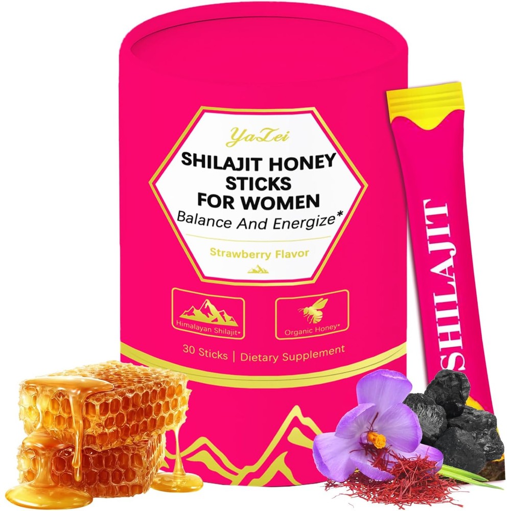 Yalei Strawberry Shilajit Honey Sticks for Women front view packaging box containing thirty wellness sticks