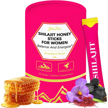 Yalei Strawberry Shilajit Honey Sticks for Women front view packaging box containing thirty wellness sticks
