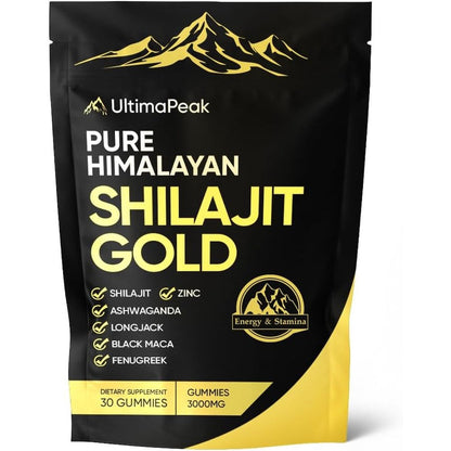 Luxe Essence Balmbare Revive Ultimapeak Shilajit Gummies front view packaging showing authentic USA import seal.