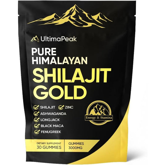 Luxe Essence Balmbare Revive Ultimapeak Shilajit Gummies front view packaging showing authentic USA import seal.