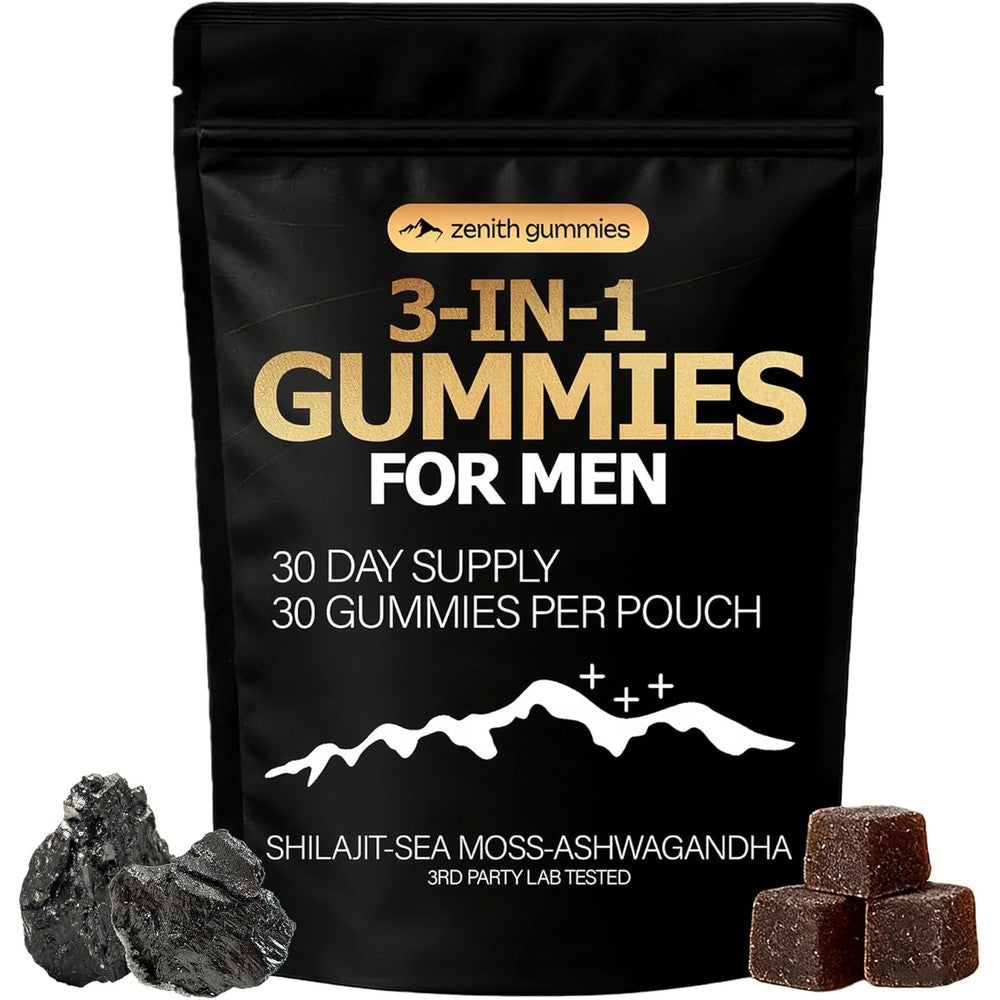 Zenith Gummies 3 in 1 Shilajit Gold supplement pouch front view for men wellness