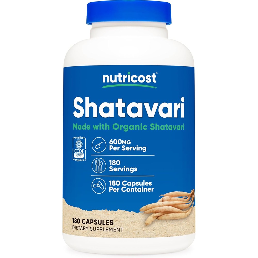 Nutricost Organic Shatavari 600 Milligrams Vegetarian Capsules Front Bottle View For Hormonal Balance