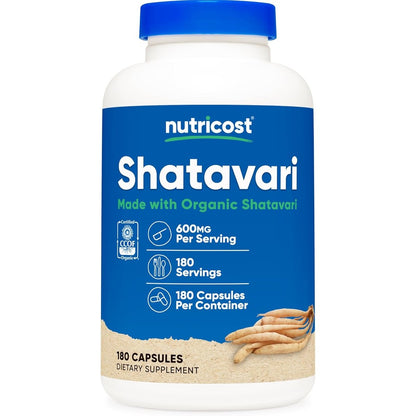 Nutricost Organic Shatavari 600 Milligrams Vegetarian Capsules Front Bottle View For Hormonal Balance