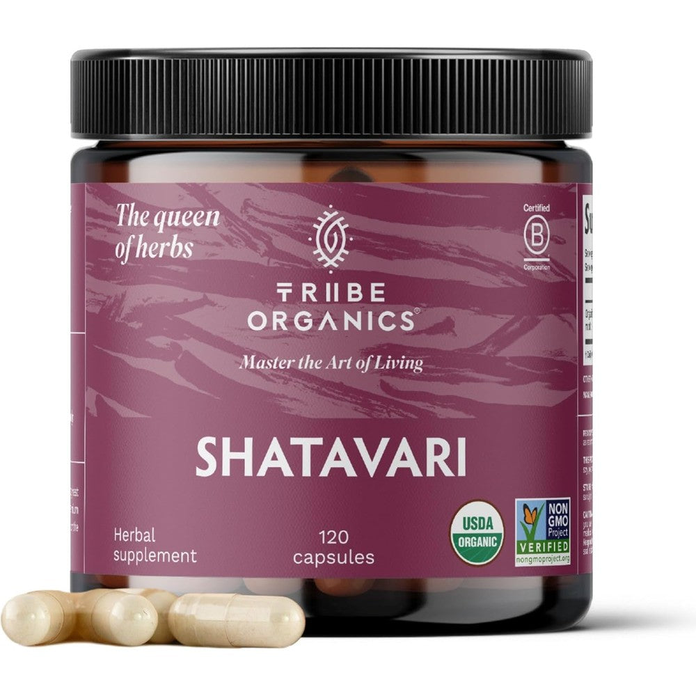 Tribe Organics Organic Shatavari 120 capsules bottle front view for women wellness
