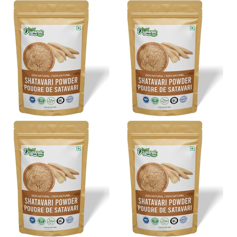 Organic Zing Shatavari Powder 227 Grams pouch front view showing organic wellness supplement packaging