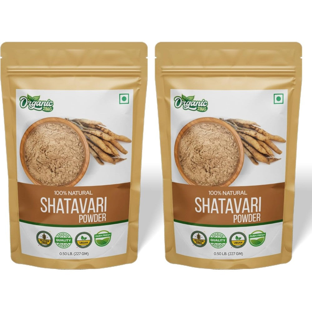 Organic Zing Shatavari Powder front packaging view showcasing organic certification labels.