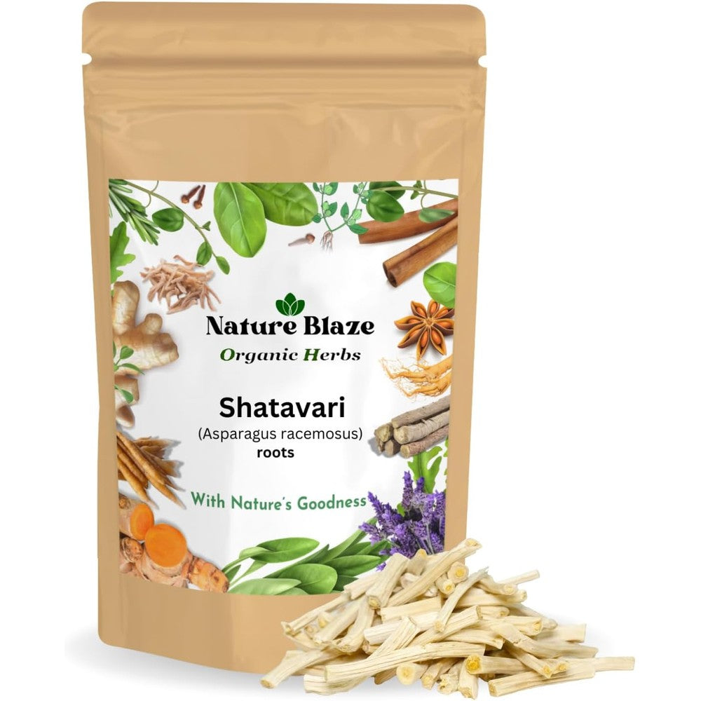 Nature Blaze Whole Shatavari Root 400g powder pouch front view showing organic botanical illustrations for women wellness.