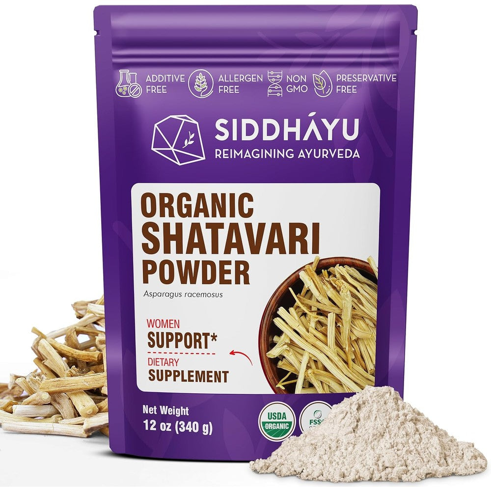 Siddhayu Organic Shatavari Powder front view of the packaging showcasing the USDA certification logo.