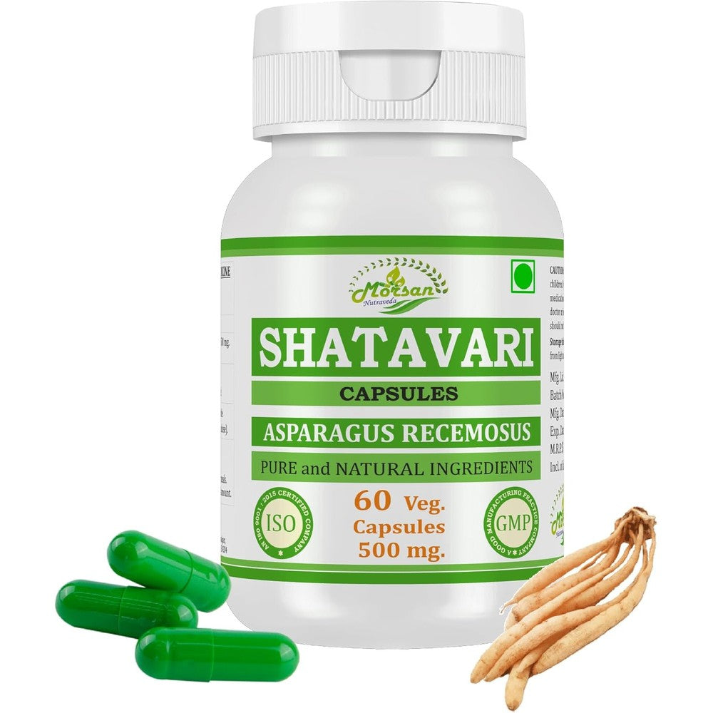 Morsan Nutraveda Shatavari Extract 500mg front view of the premium herbal supplement bottle for women's wellness.