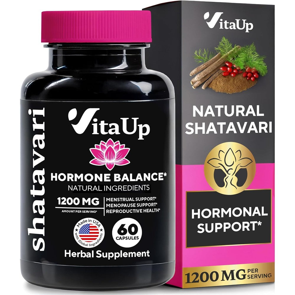 VitaUp Shatavari 1200mg 60 capsules bottle front view showing premium female hormonal support supplement.