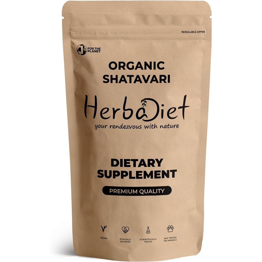 Herbadiet Organic Shatavari Root Powder front view Kraft pouch packaging