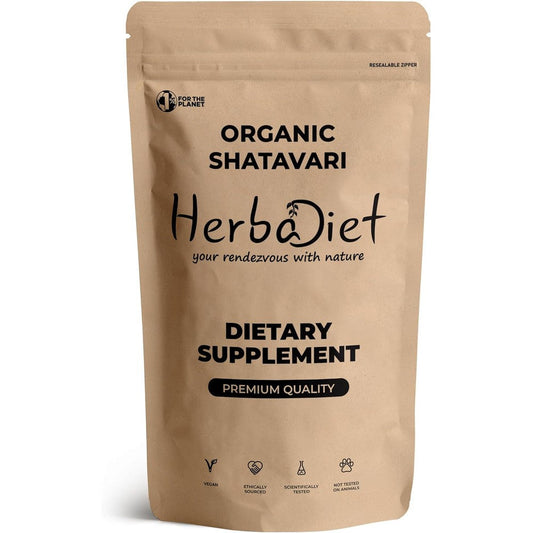 Herbadiet Organic Shatavari Root Powder front view Kraft pouch packaging