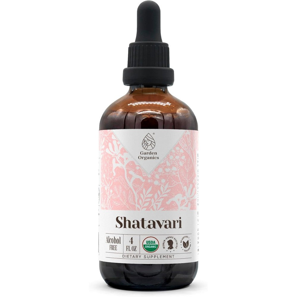 Garden Organics Shatavari Alcohol Free Extract front view of the four fluid ounce amber bottle with dropper.