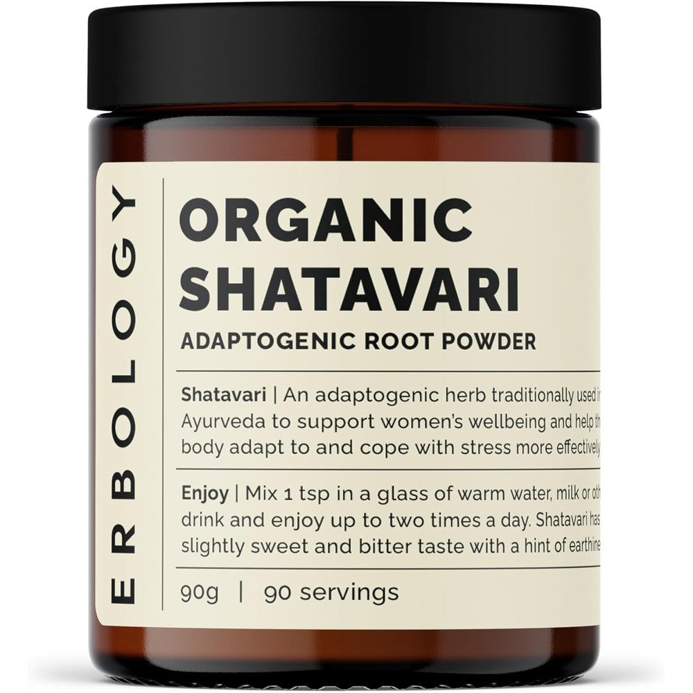 Erbology Organic Shatavari Powder front view of amber glass jar for women wellness.