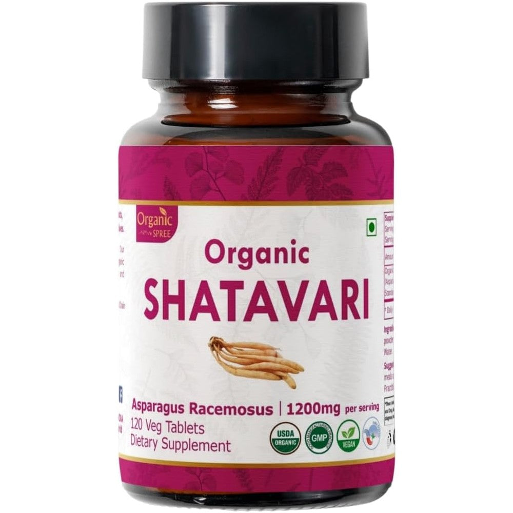 Organic Spree Shatavari 120 Tablets front bottle view showing USDA Organic certification label