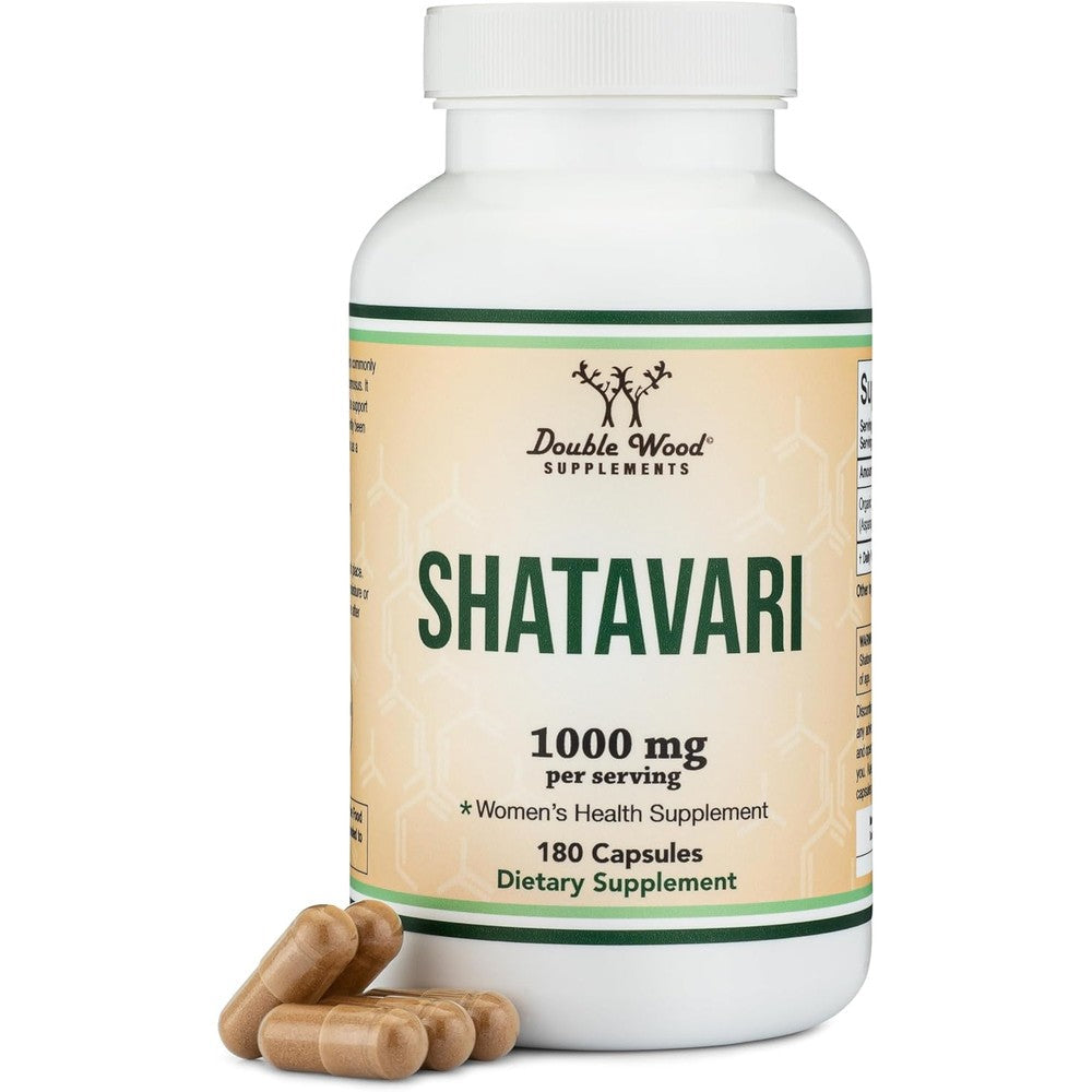 Double Wood Supplements Organic Shatavari 1000mg bottle front view for women's hormonal health