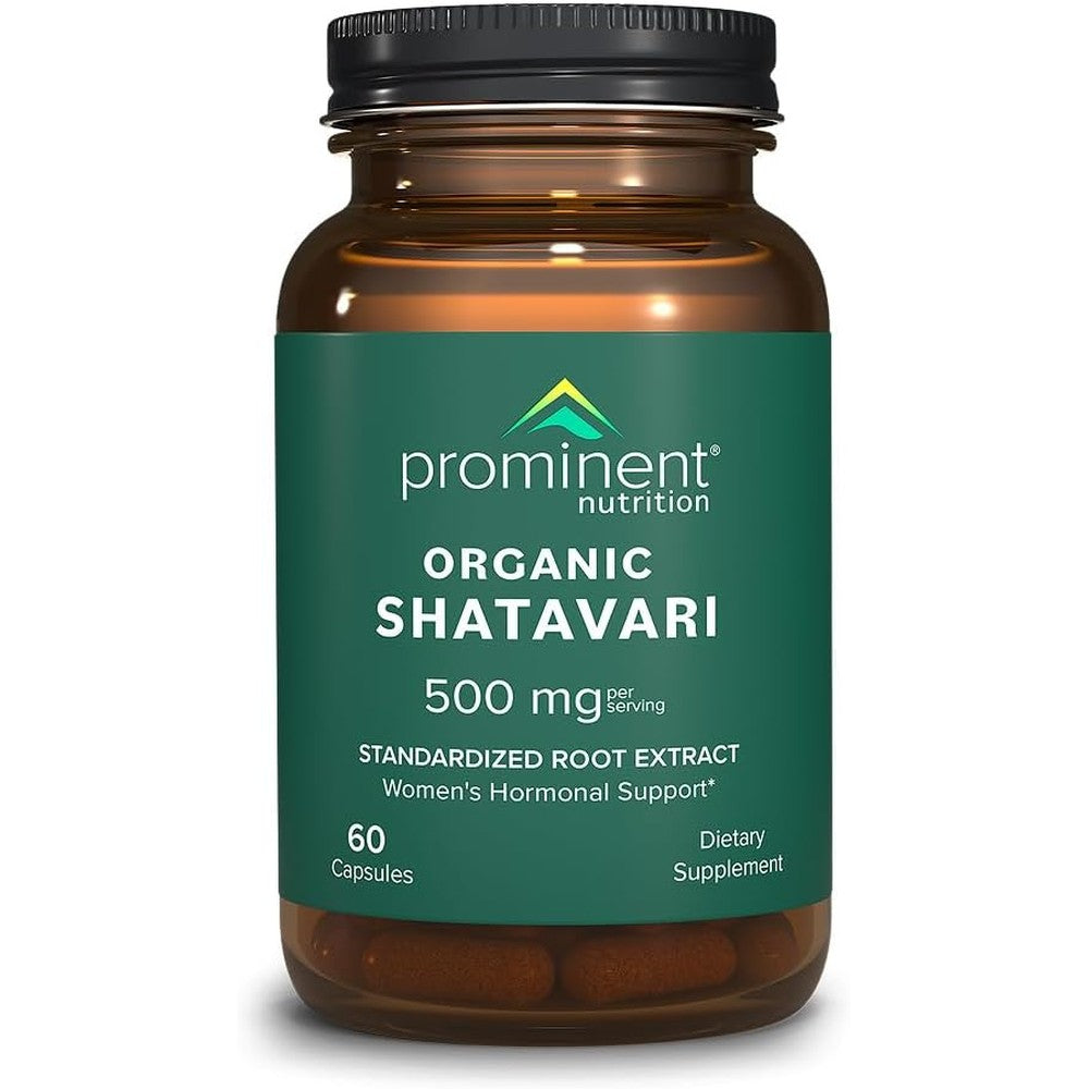 Prominent Nutrition Organic Shatavari 60 capsules front view bottle showing premium USA imported hormone support for women.