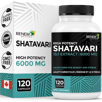 Renew Actives Shatavari Capsules front view bottle on white background.