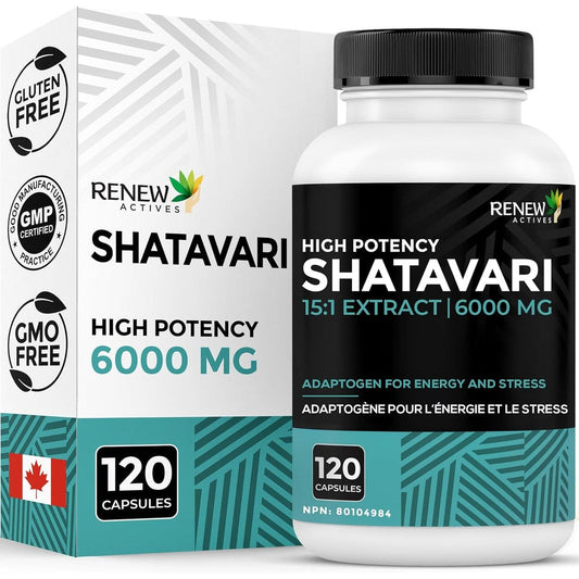 Renew Actives Shatavari Capsules front view bottle on white background.