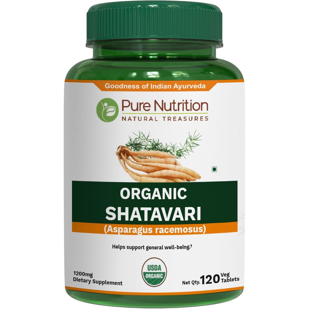 Pure Nutrition Organic Shatavari 1200mg tablets bottle front view for women hormonal balance