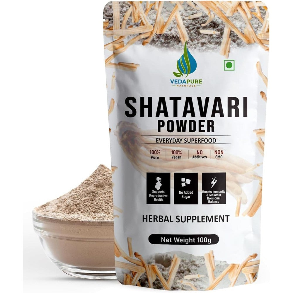 Vedapure Organic Shatavari Powder front view authentic Ayurvedic supplement pack