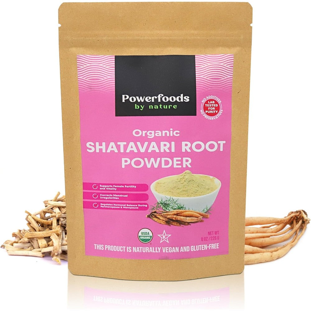 Powerfoods By Nature Organic Shatavari Powder eight ounce pouch front view for women's hormonal balance
