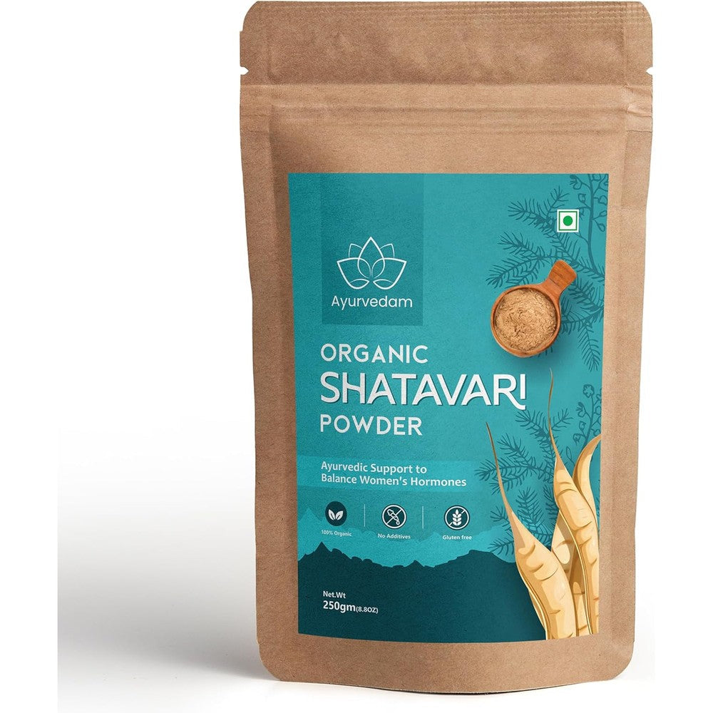 Kitasi Ayurvedam Organic Shatavari Powder front view of 250 grams bag for hormonal balance.