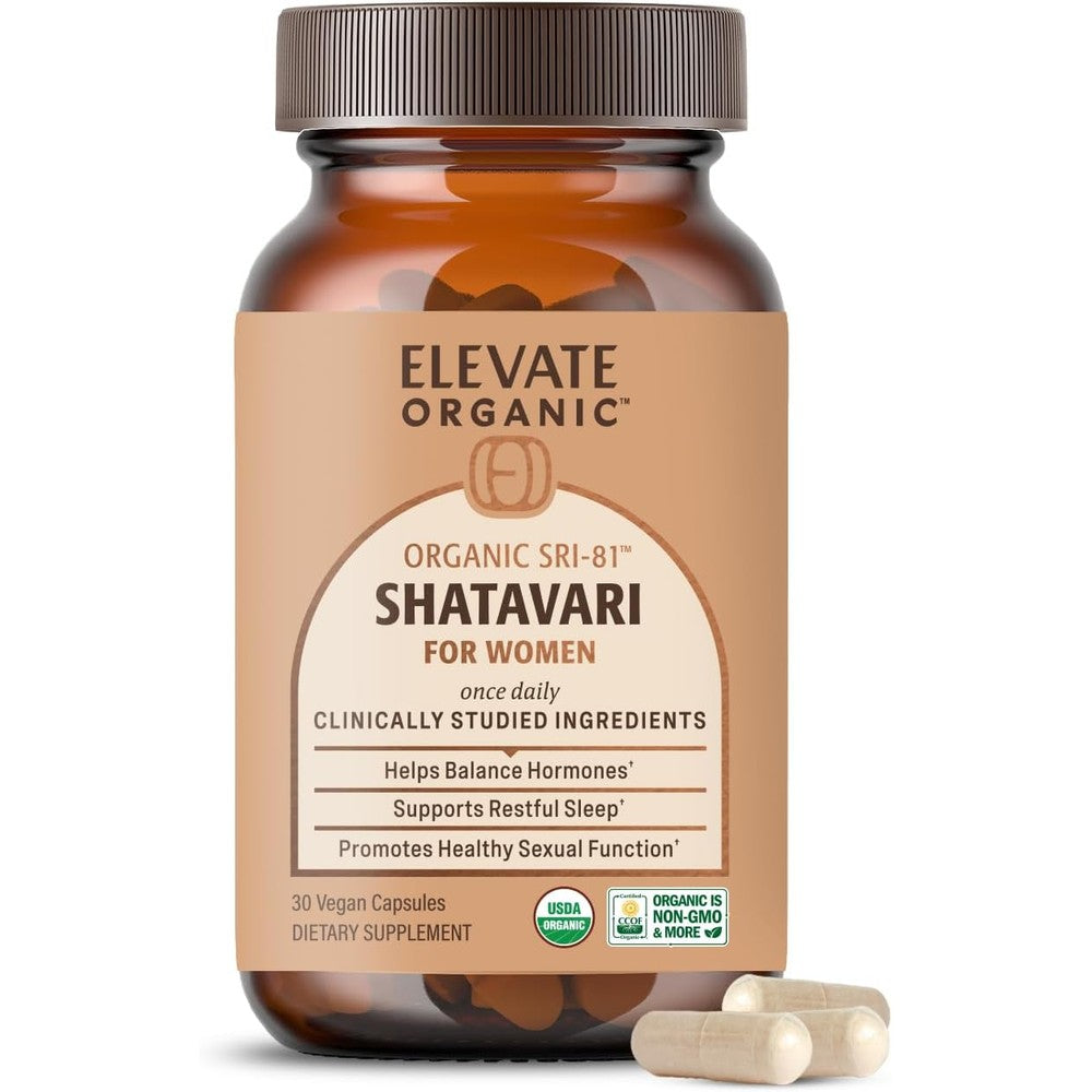Elevate Organic Sri-81 Shatavari 30 capsules front view bottle for women health