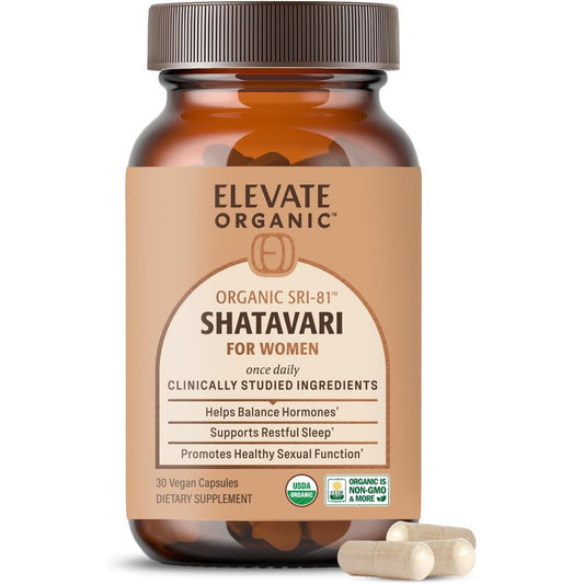 Elevate Organic Sri-81 Shatavari 30 capsules front view bottle for women health