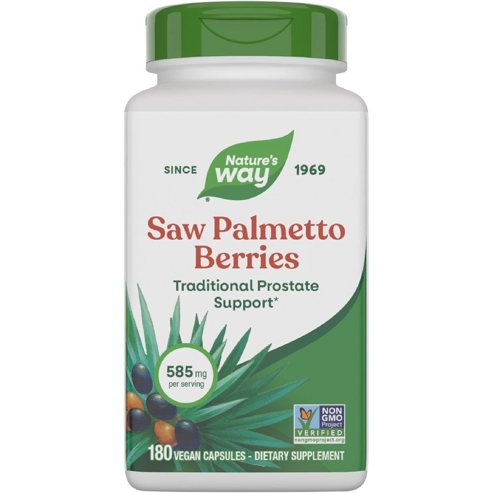 Nature's Way Saw Palmetto Berries 585mg 180 Capsules front view showing label details.