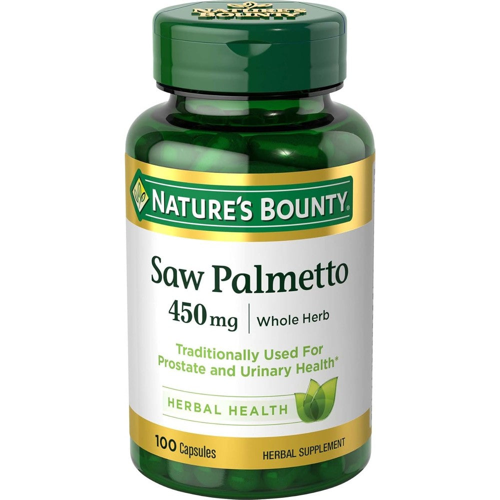 Nature's Bounty Saw Palmetto 450 Milligrams 100 Capsules front view of bottle for men's prostate health