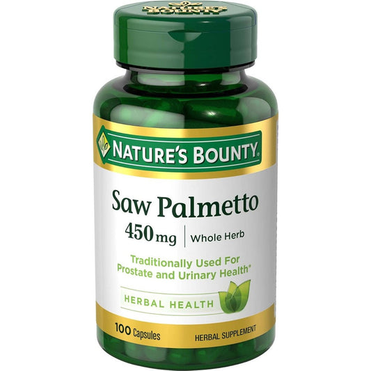 Nature's Bounty Saw Palmetto 450 Milligrams 100 Capsules front view of bottle for men's prostate health