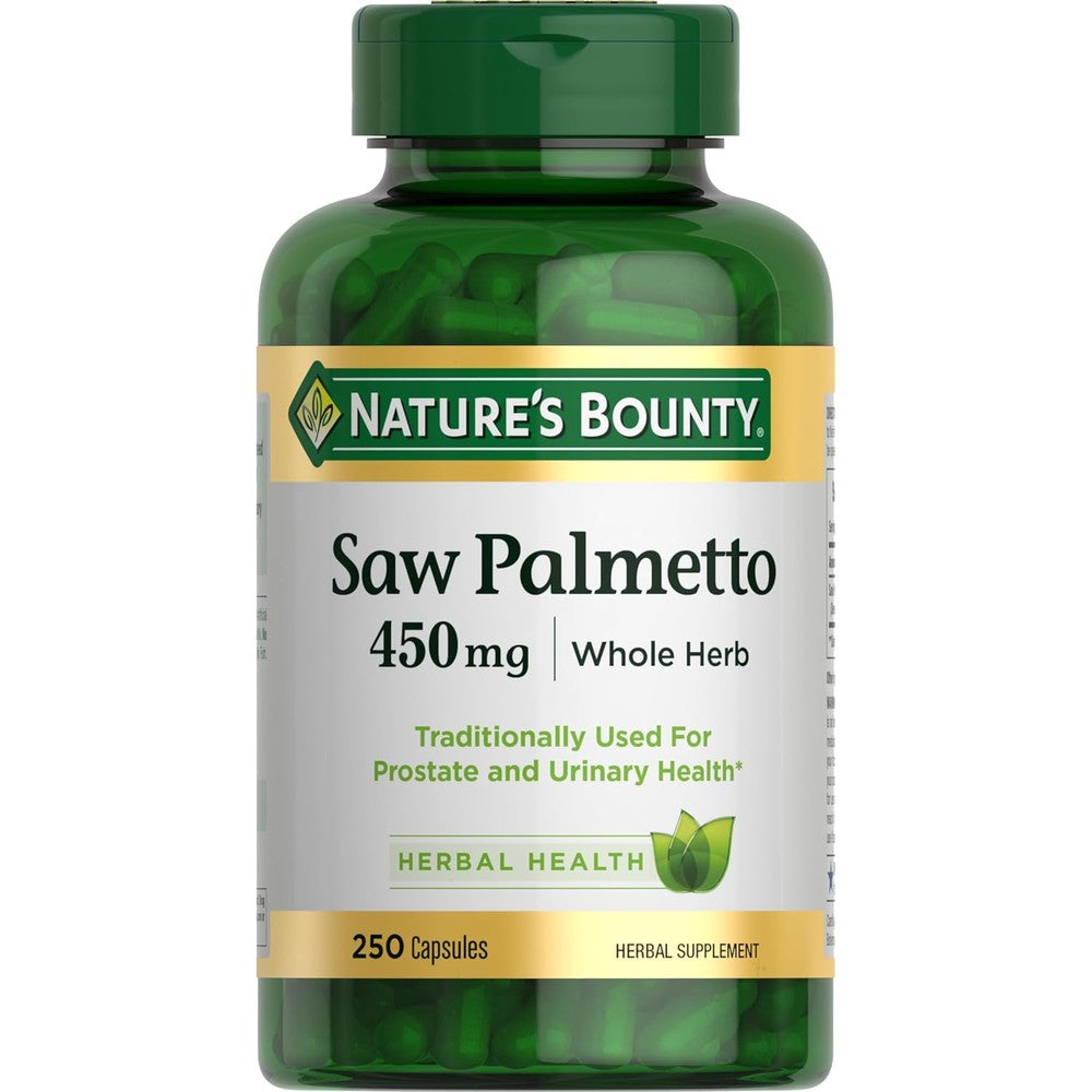 Nature's Bounty Saw Palmetto 450mg 250 Capsules bottle front view showing prostate and urinary health labeling.