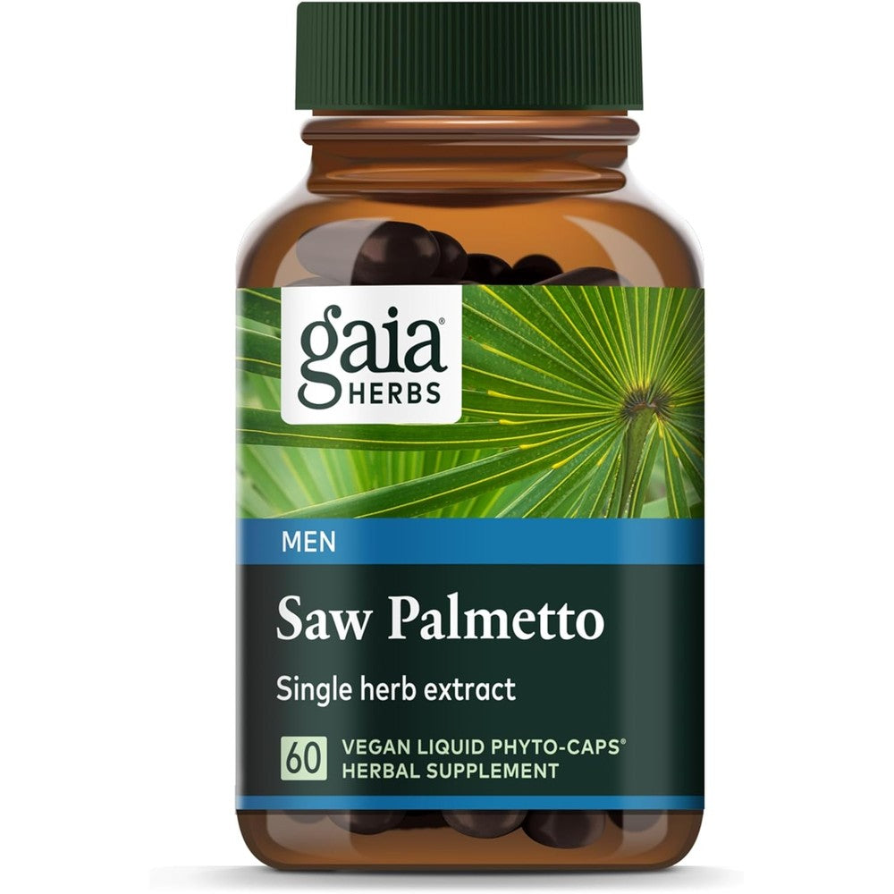 Gaia Herbs Saw Palmetto front bottle view showcasing prostate support liquid capsules.