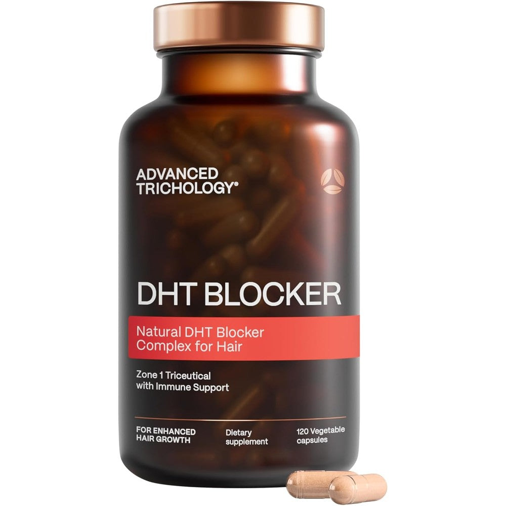 Advanced Trichology DHT Blocker 120 capsules front bottle view for hair growth supplement retail.